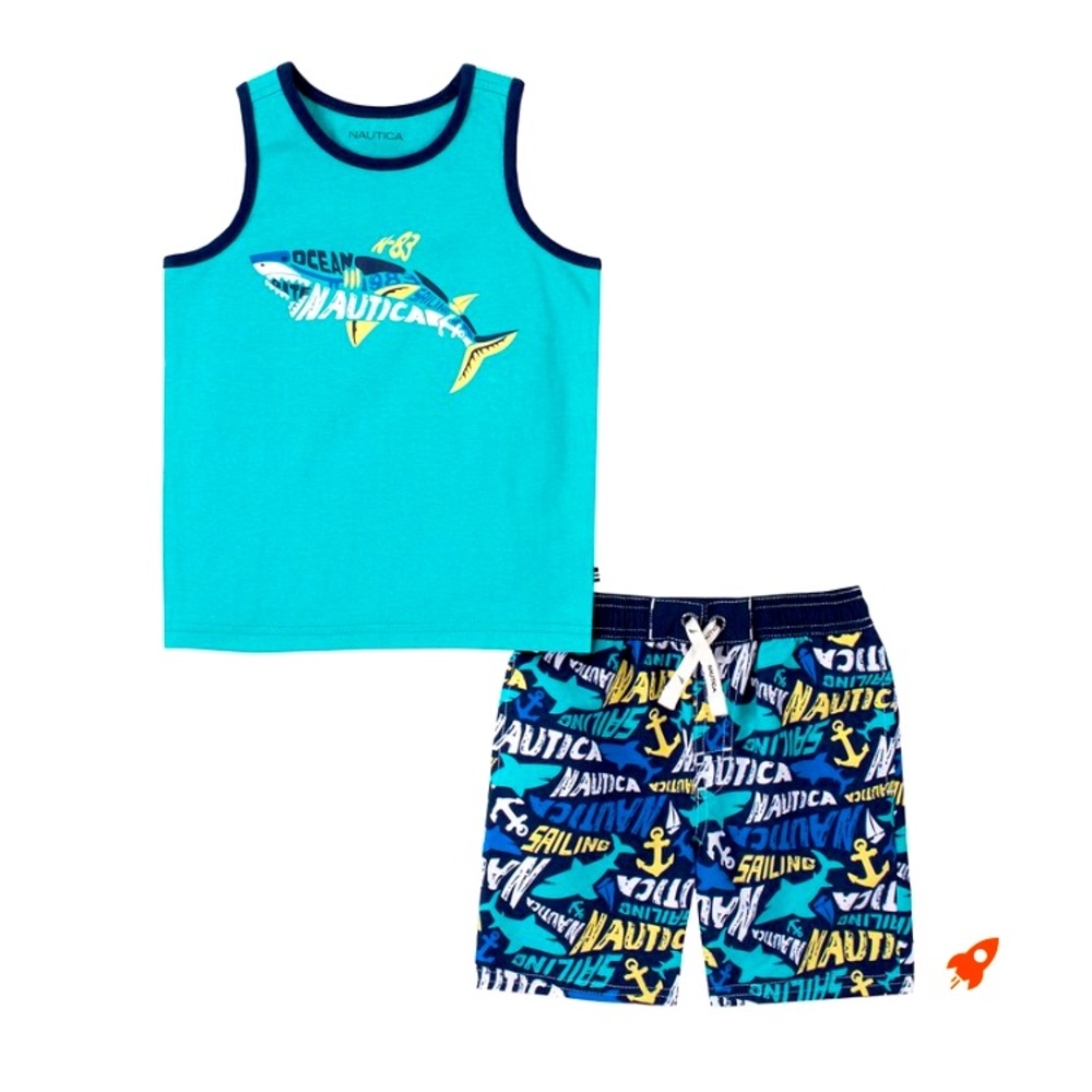 Size 5 boys Nautica shirt and swim trunks